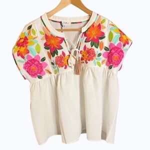 THML (NWT) White with colorful flowering embroidery blouse